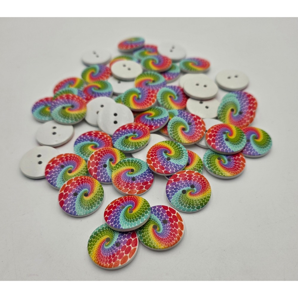 100pc Rainbow Swirl Wooden Buttons 1 Inch 2-Hole Round Psychedelic Crafting